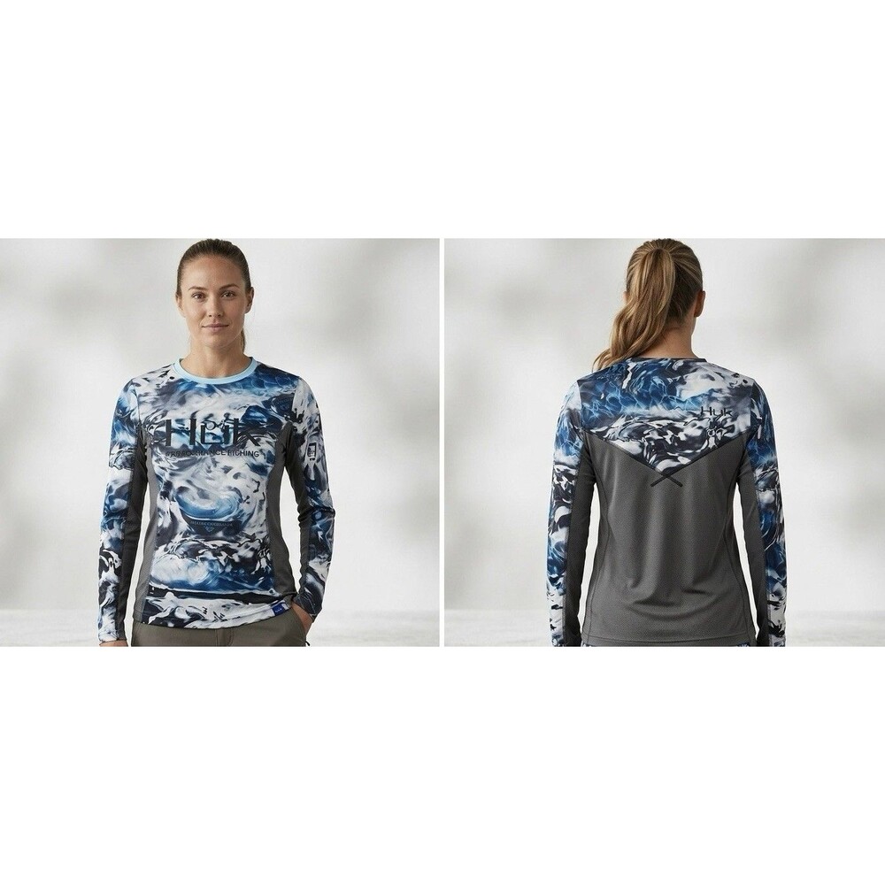 Huk Women's XS Performance Fishing Shirt Mossy Oak Blue Camo Long Sleeve NWOT
